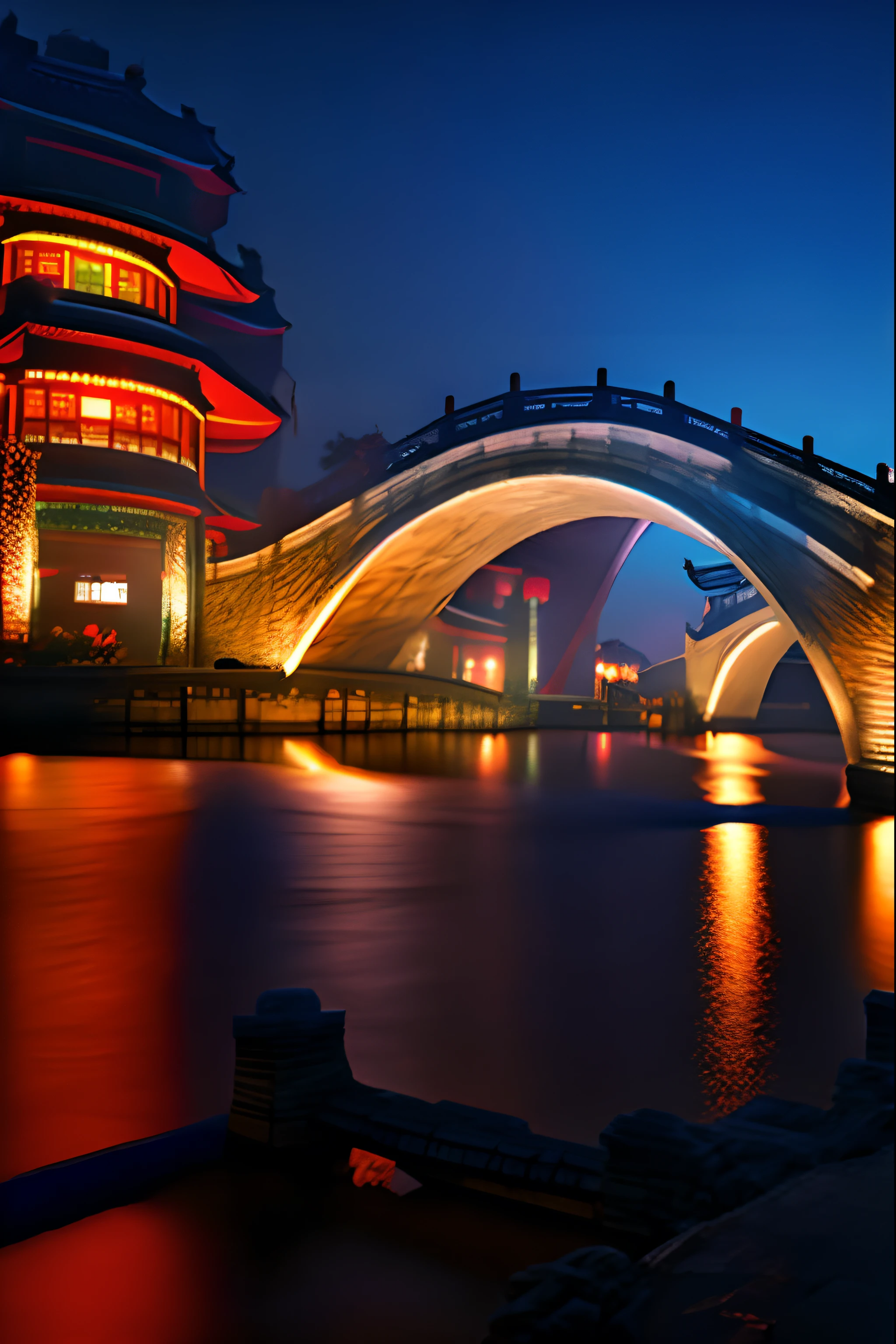 The bridge spans the river，A ship passed under the bridge, 1 glowing bridge crossing river, Hangzhou, beijing, the river is full of lights, In the evening, golden hour in beijing, zhouzhuang ancient town, stunning images, Beautiful image, The river is brightly lit, shaxi, beautiful light up, boat with lamp, Curved bridge, during night