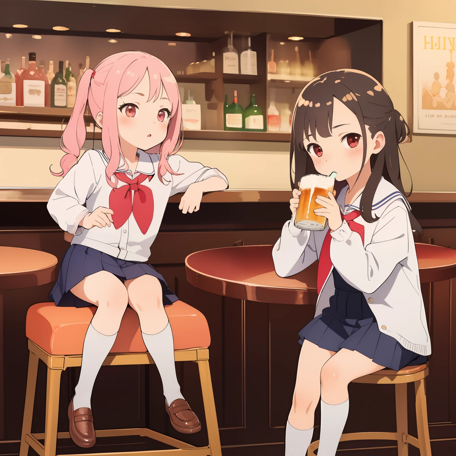 (masterpiece, best quality), bar, multiple girls, 2girls, ite, lol childoool uniform, sitting in a bar, drinking beer, ln a bar, drunk, blush, wide angle, vibrant colors, watercolor