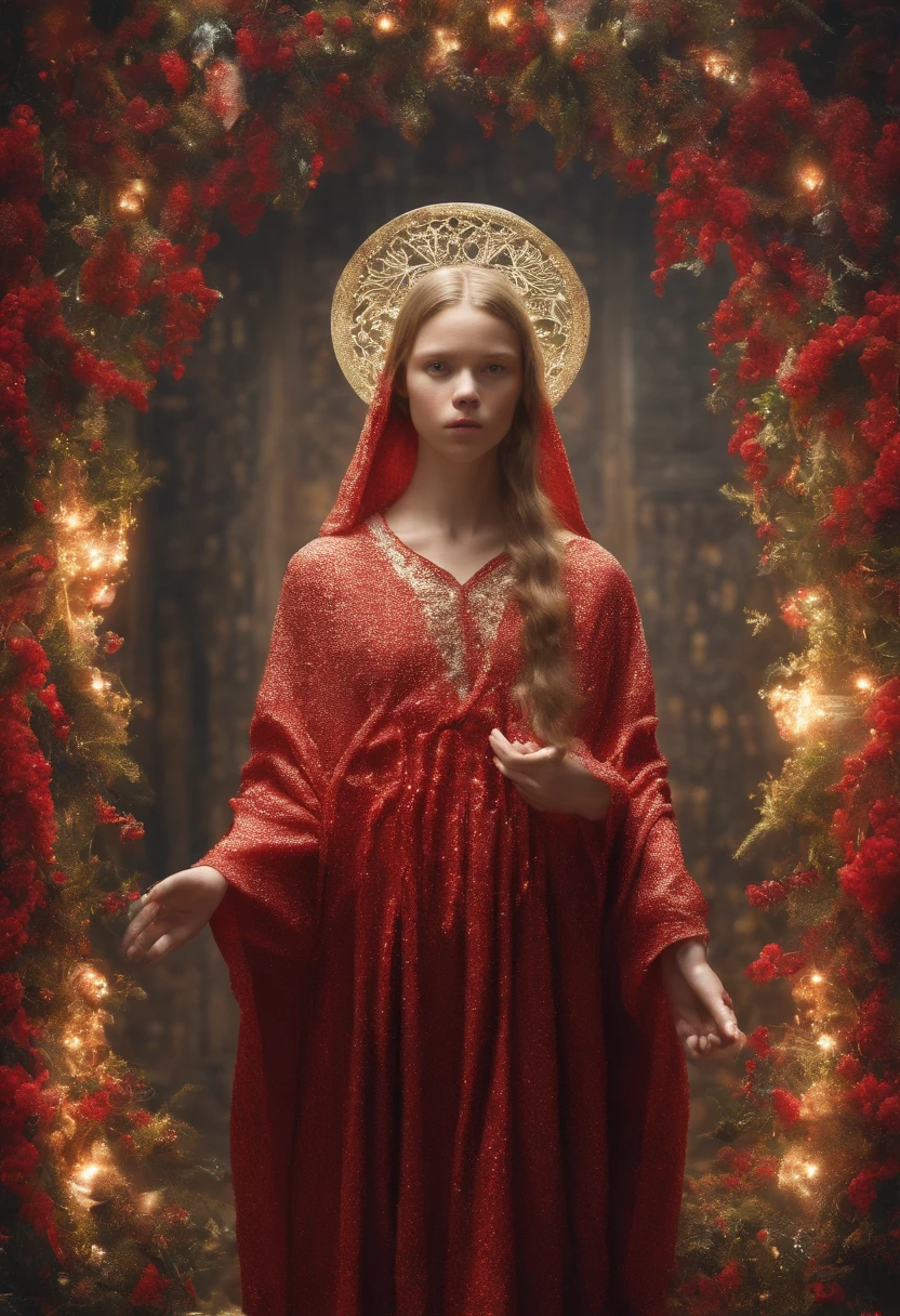 (symetry),Centered,A ((Close)) Upward portrait,(Baby Jesus),A very skinny white baby,The hair is fine ,Wearing a long red robe,35mm,Natural skin,clothes details, 8K texture, 8K, insanely details, Intricate details, Ultra-detailed and highly detailed,Realistic,Soft cinematic light,hdr,Sharp focus, ((((Cinematic look)))),Intricate, elegant, Highly detailed,Mia Goth