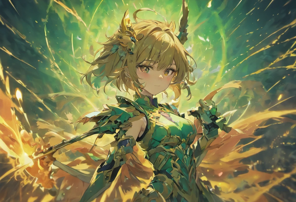 Design an anime-style character with the essence of a Rucoy Online warrior. This character should have powerful and detailed armor, a striking aura, and carry a distinctive sword and shield. Embrace the artistic style of anime to bring out the character's unique personality and presence while maintaining the fantasy MMORPG feel.