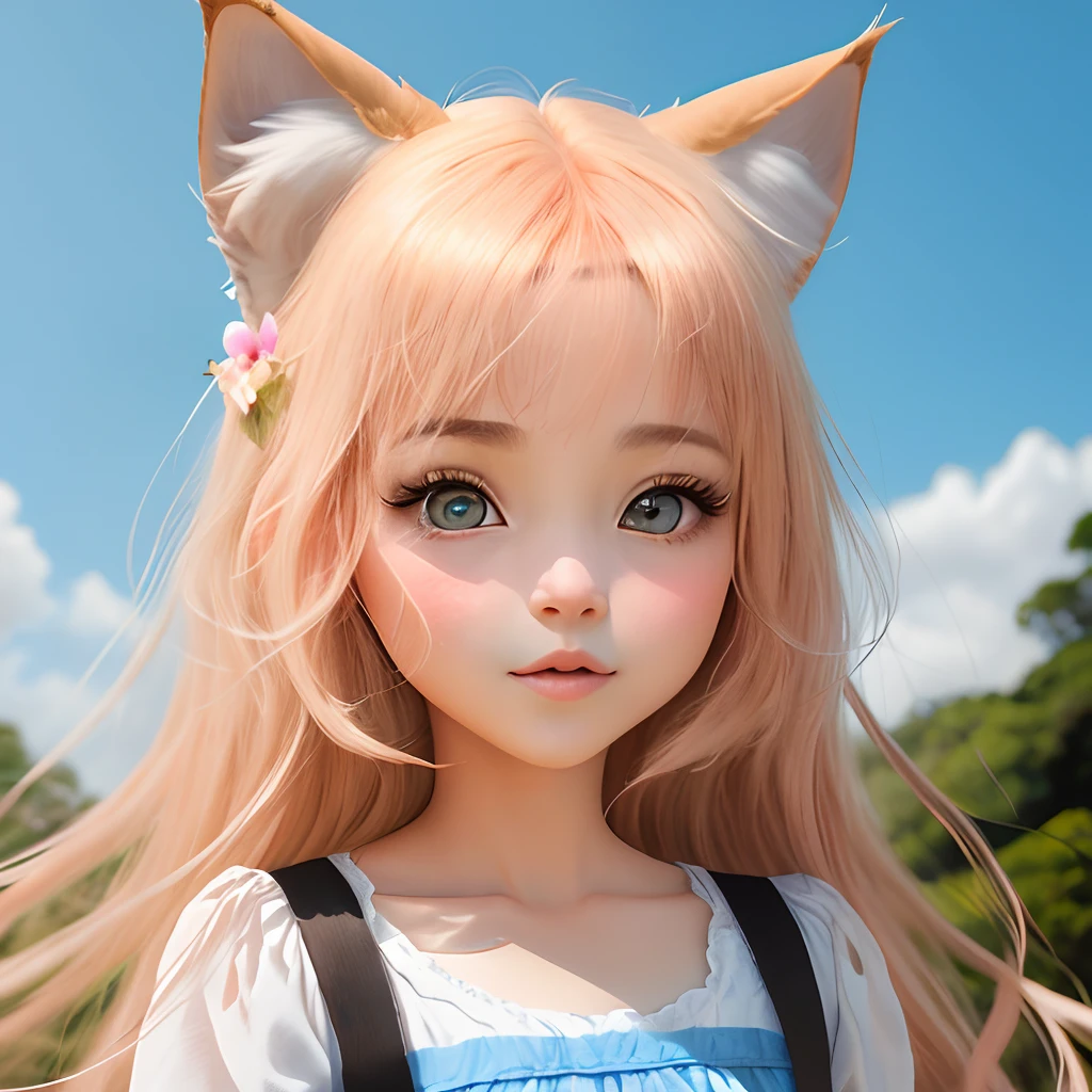 (best quality,4k,8k,highres,masterpiece:1.2),ultra-detailed,(realistic,photorealistic,photo-realistic:1.37),cute,solo girl with orange long wavy hair,blue eyes,fox ears,fluffy fox tail,summer time in Japan,beautiful garden scenery,lush greenery,colorful