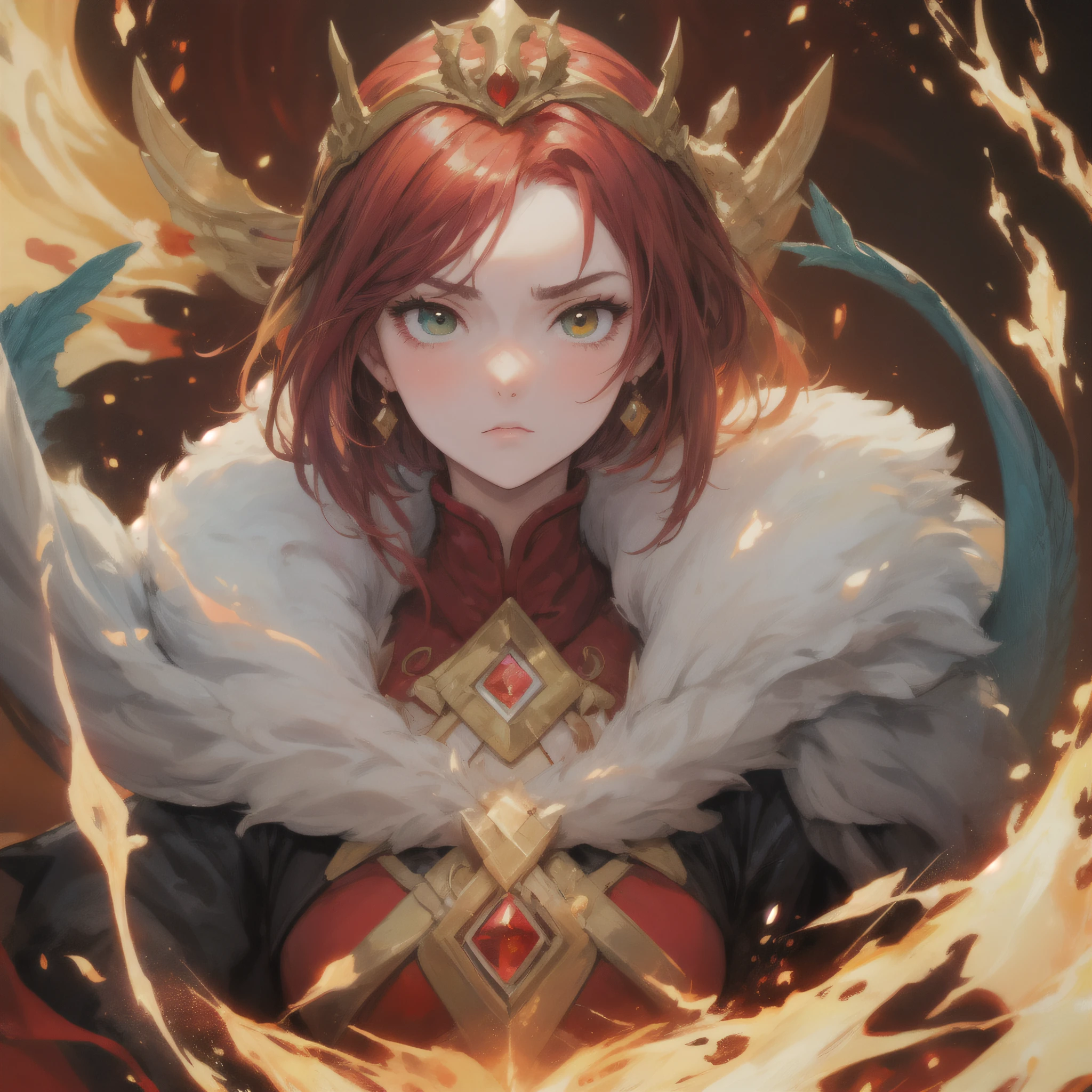Dragon-Girl, 8-bit, deep red hair, big hair, portrait, serious face, heterochromia, one yellow eye, Queen of Dragons, Dynasty of fire