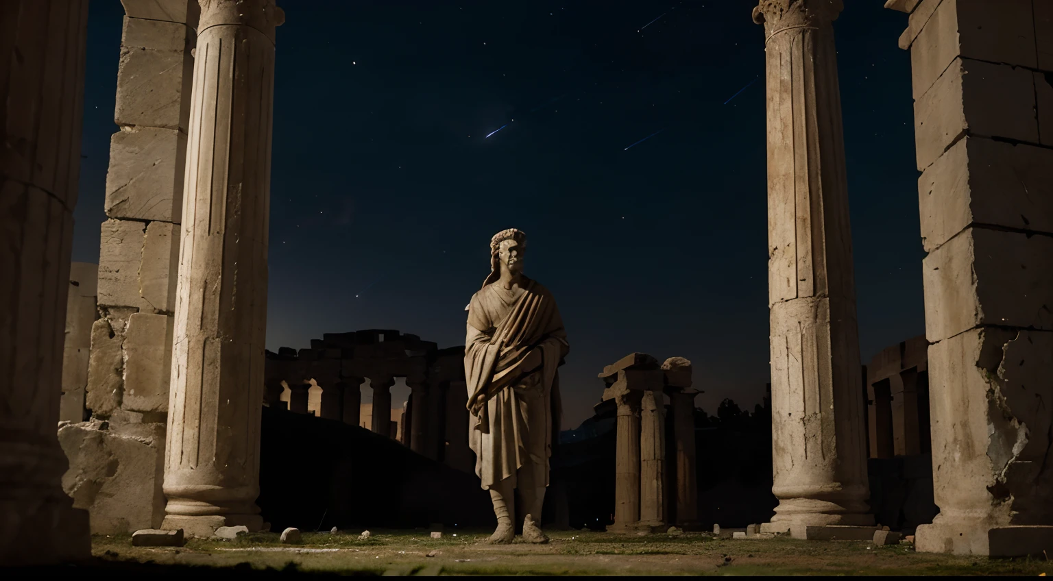 An ancient Stoic philosopher, steadfast and contemplative, standing amidst the ruins of a Roman temple, gazing at the stars in the nighttime sky, the grandeur of the past empire and the calm of the night are felt in the surroundings, Marble sculpture, detailed down to every fold of the toga, --ar 9:16 --v 5