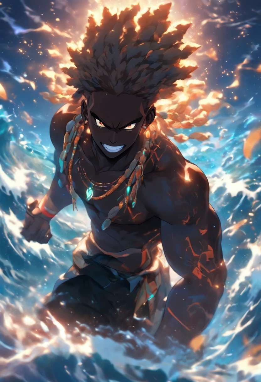(((black man)) best quality, very high resolution, detailed CG in 4K, masterpiece, Agw, ocean, waters, white clothes, voodoo mythology, African clothes, aesthetics, beautiful image, centered on the screen, the whole body