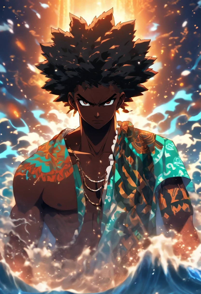 (((black man)) best quality, very high resolution, detailed CG in 4K, masterpiece, Agw, ocean, waters, white clothes, voodoo mythology, African clothes, aesthetics, beautiful image, centered on the screen, the whole body