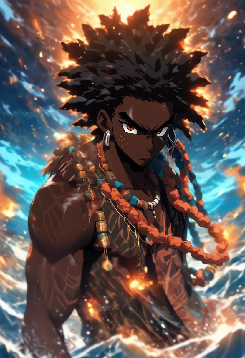 (((black man)) best quality, very high resolution, detailed CG in 4K, masterpiece, Agw, ocean, waters, white clothes, voodoo mythology, African clothes, aesthetics, beautiful image, centered on the screen, the whole body