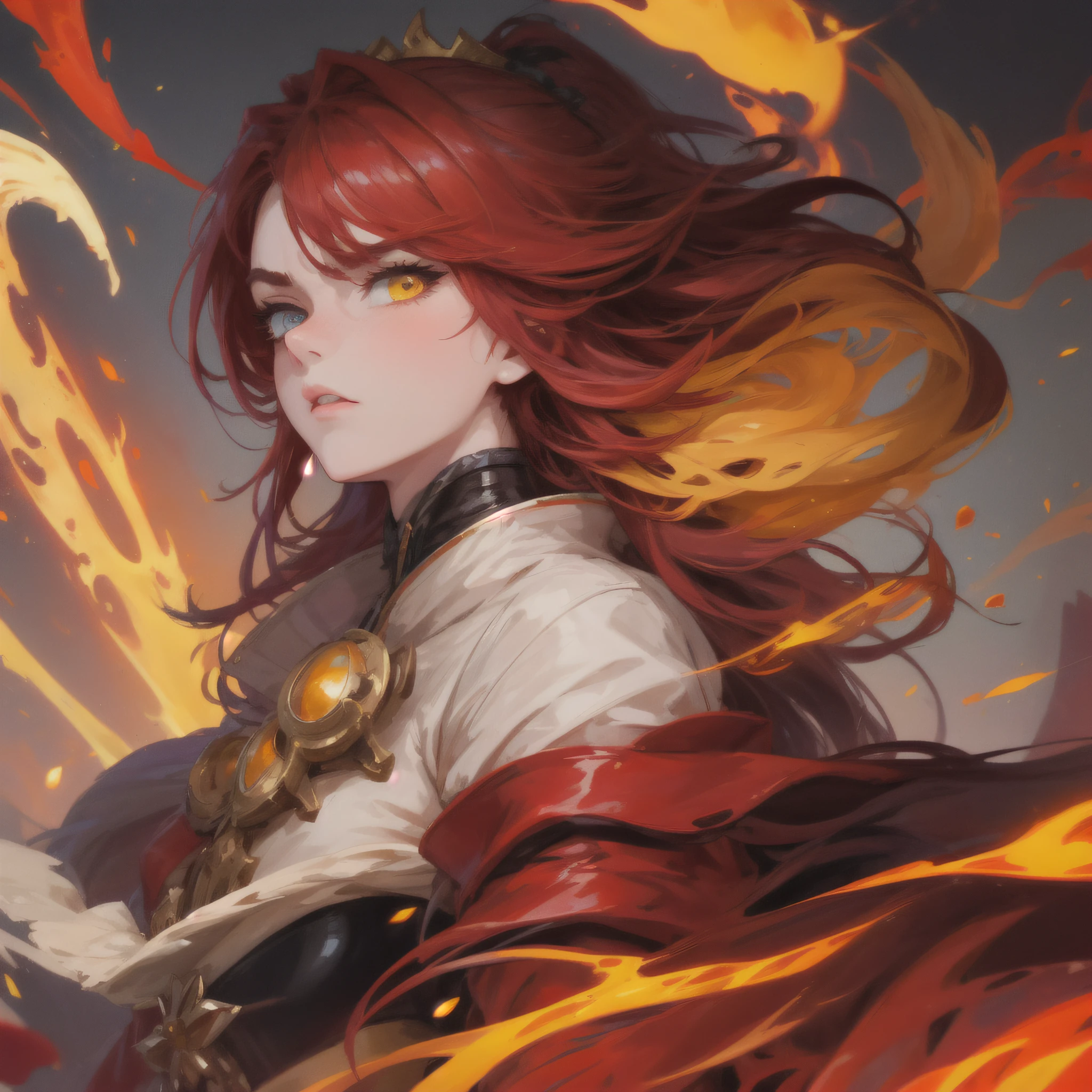 Dragon-Girl, 8-bit, deep red hair, big hair, portrait, serious face, heterochromia, one yellow eye, Queen of Dragons, Dynasty of fire