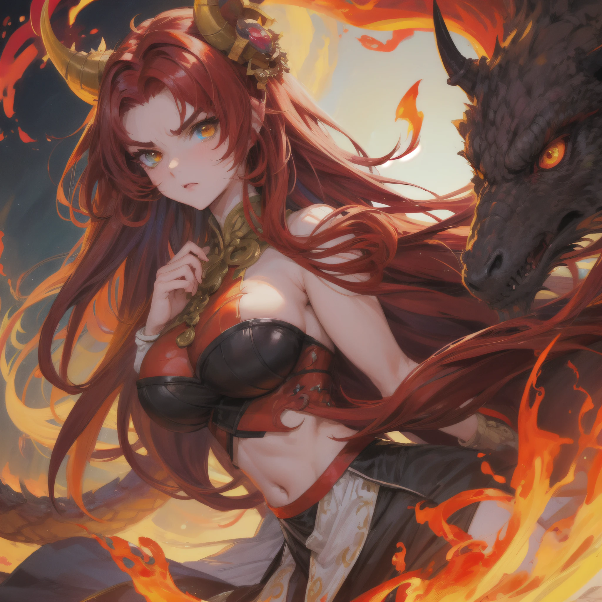 Dragon-Girl, 8-bit, deep red hair, big hair, portrait, serious face, heterochromia, one yellow eye, Queen of Dragons, Dynasty of fire