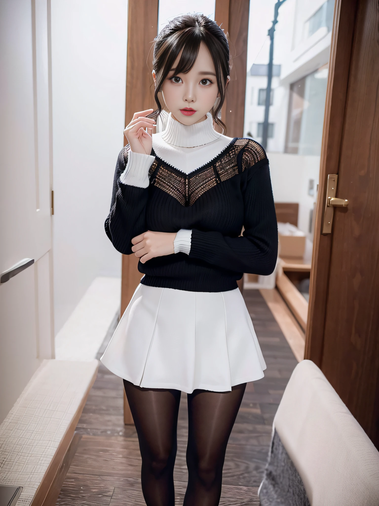 Charming beauties、black pantyhose、White sweater、Black tight skirt、beauty legs、Dyed in darkness、lacy fabric