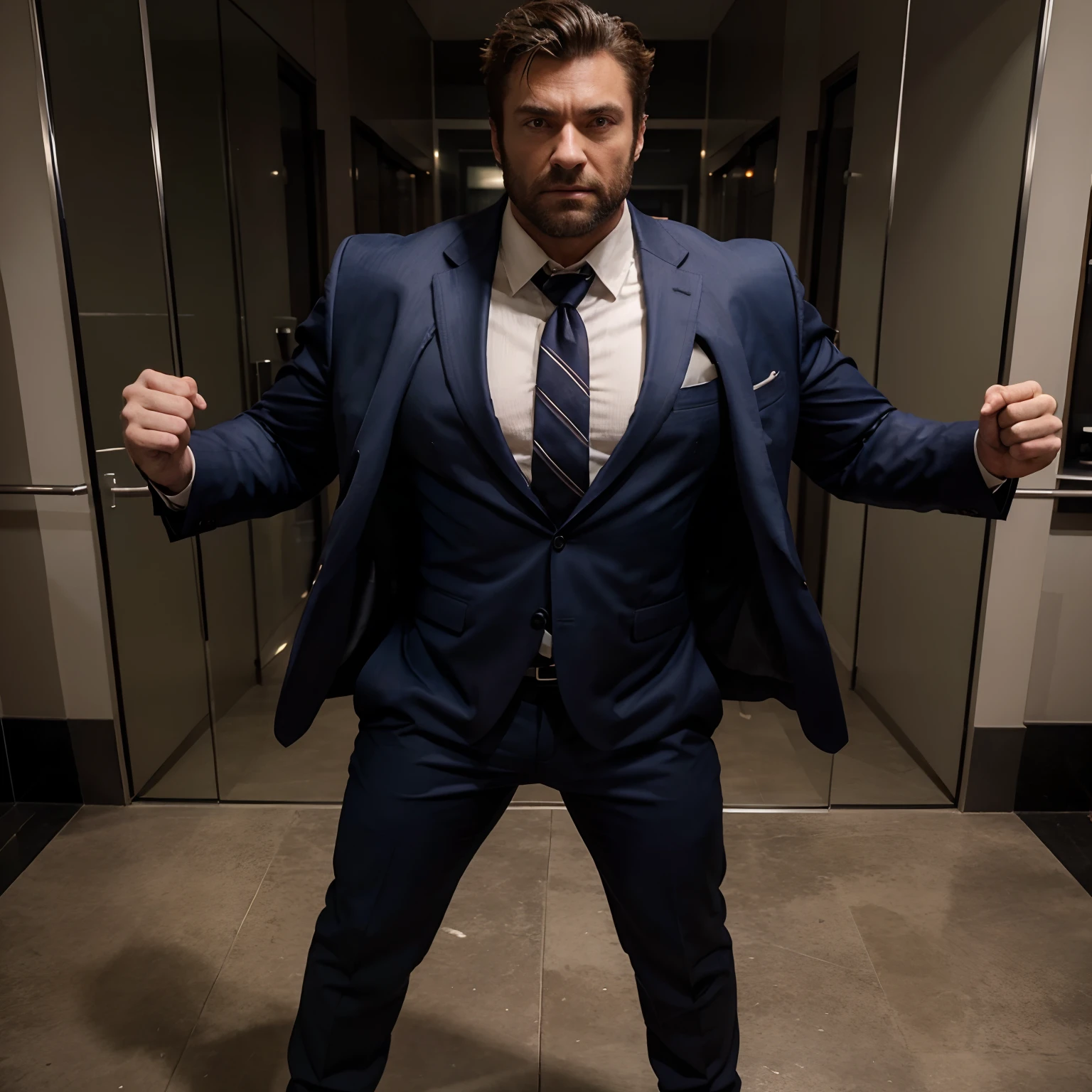 Wolverine muscled hairy wear a suit with a tie and a jacket with huge torso , huge pecs , huge arms , full body