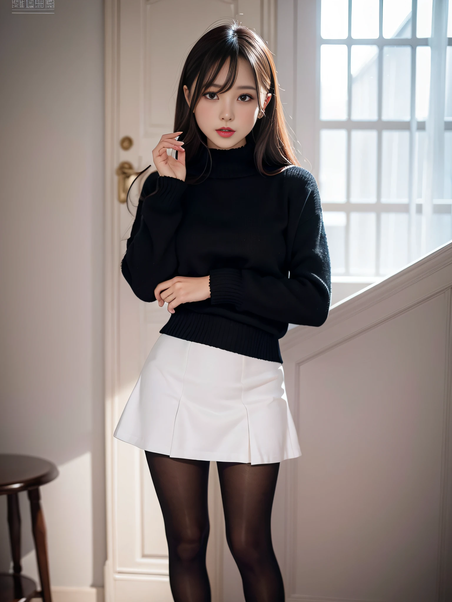 top-quality,ultra-detailliert,​masterpiece,realisitic,Photo Real,Bright lighting,1 girl in, Very beautiful 27 year old woman, (kawaii:1.2),A smile, (Brown eyes),(long straight black hair)、(bangss),perfect glossy skin,((Perfect body)),((sit with your legs spread:1.5))、(((Small panties are visible through the gap in the skirt))),((tiny chest)),big breasts thin waist, Look at viewers,((White long sleeve sweater)),(pleatedskirt),(((The skirt is flipped up))),Pink Panties,panties focus,((Sit up,spread legswide)),