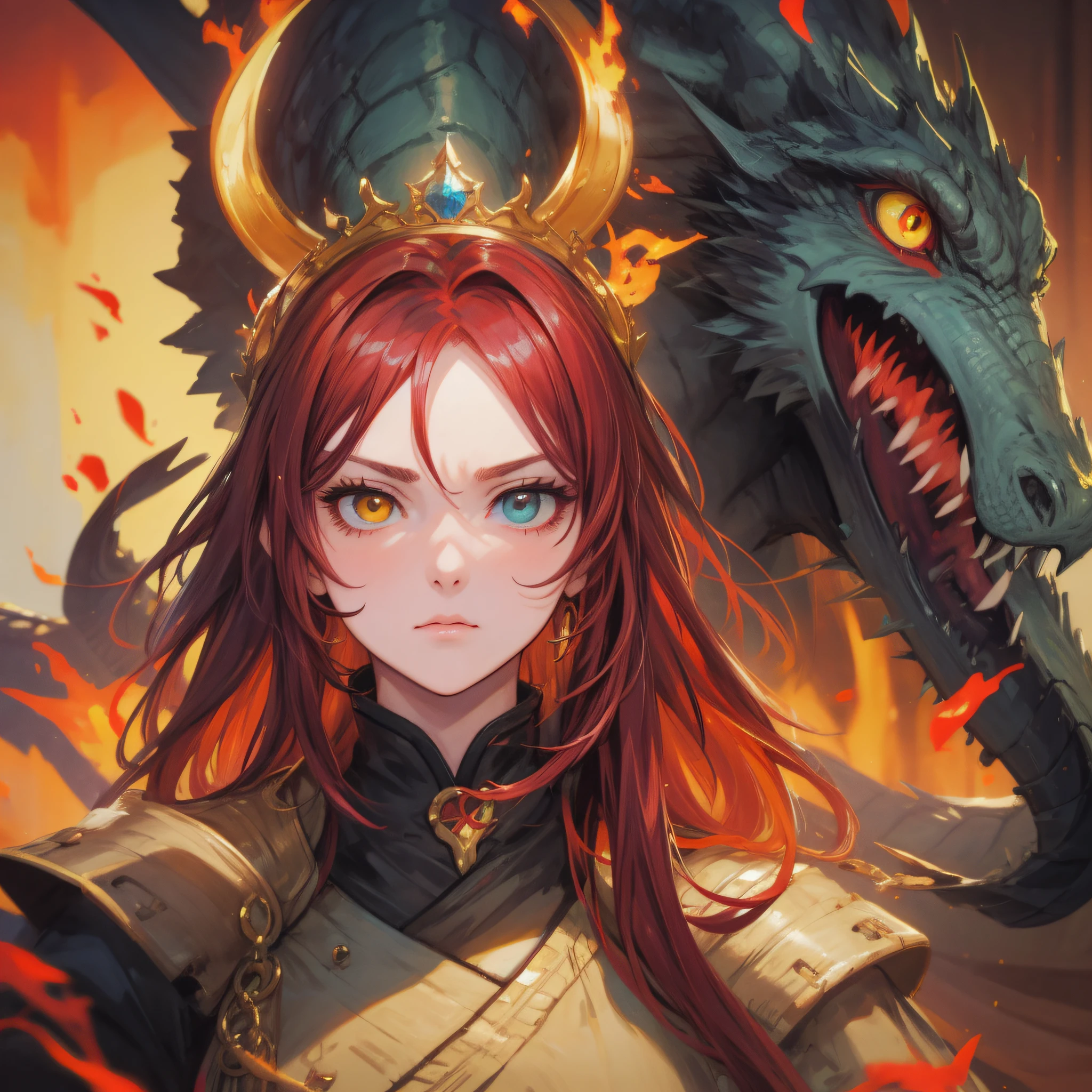 Dragon-Girl, 8-bit, deep red hair, big hair, portrait, serious face, heterochromia, one yellow eye, Queen of Dragons, Dynasty of fire