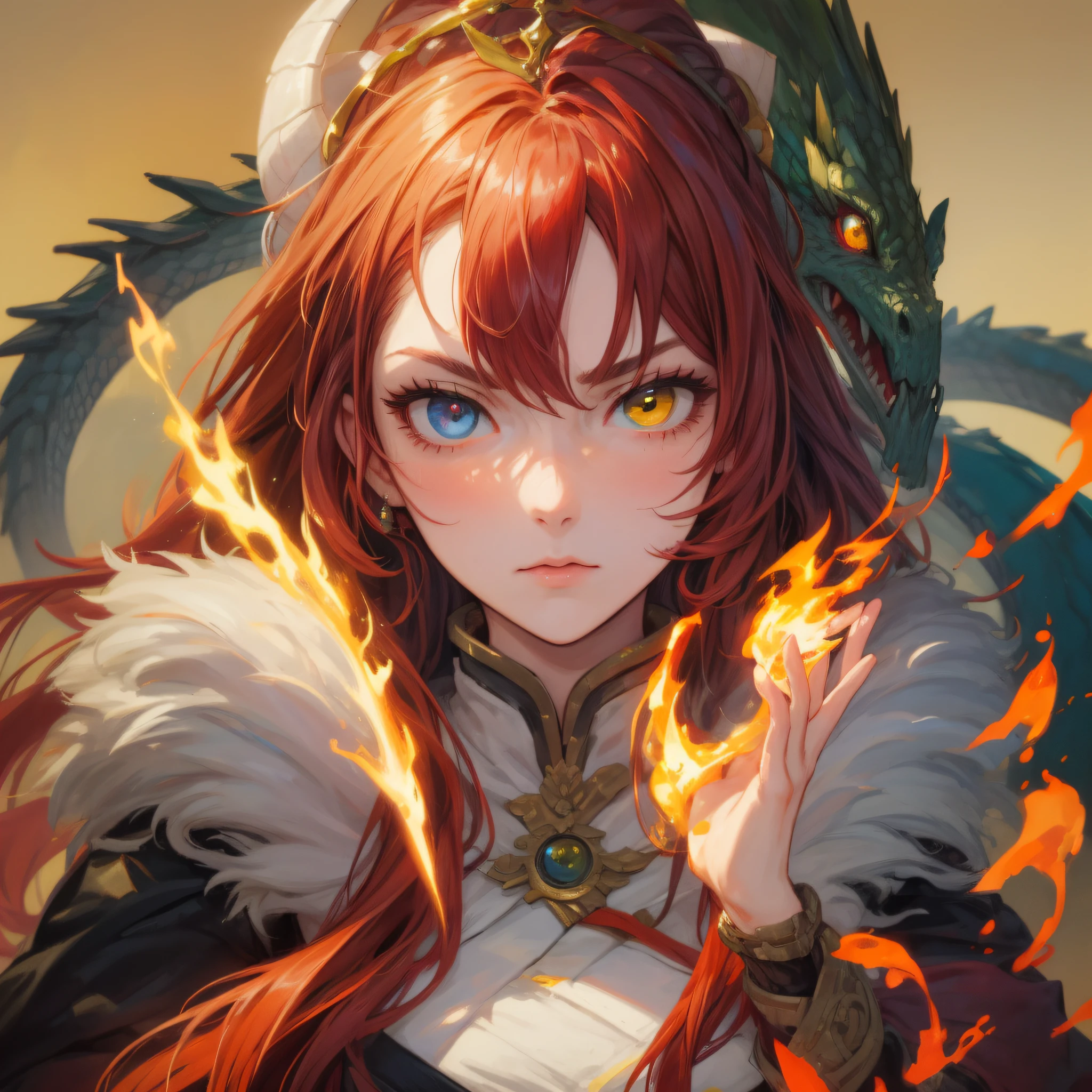 Dragon-Girl, 8-bit, deep red hair, big hair, portrait, serious face, heterochromia, one yellow eye, Queen of Dragons, Dynasty of fire