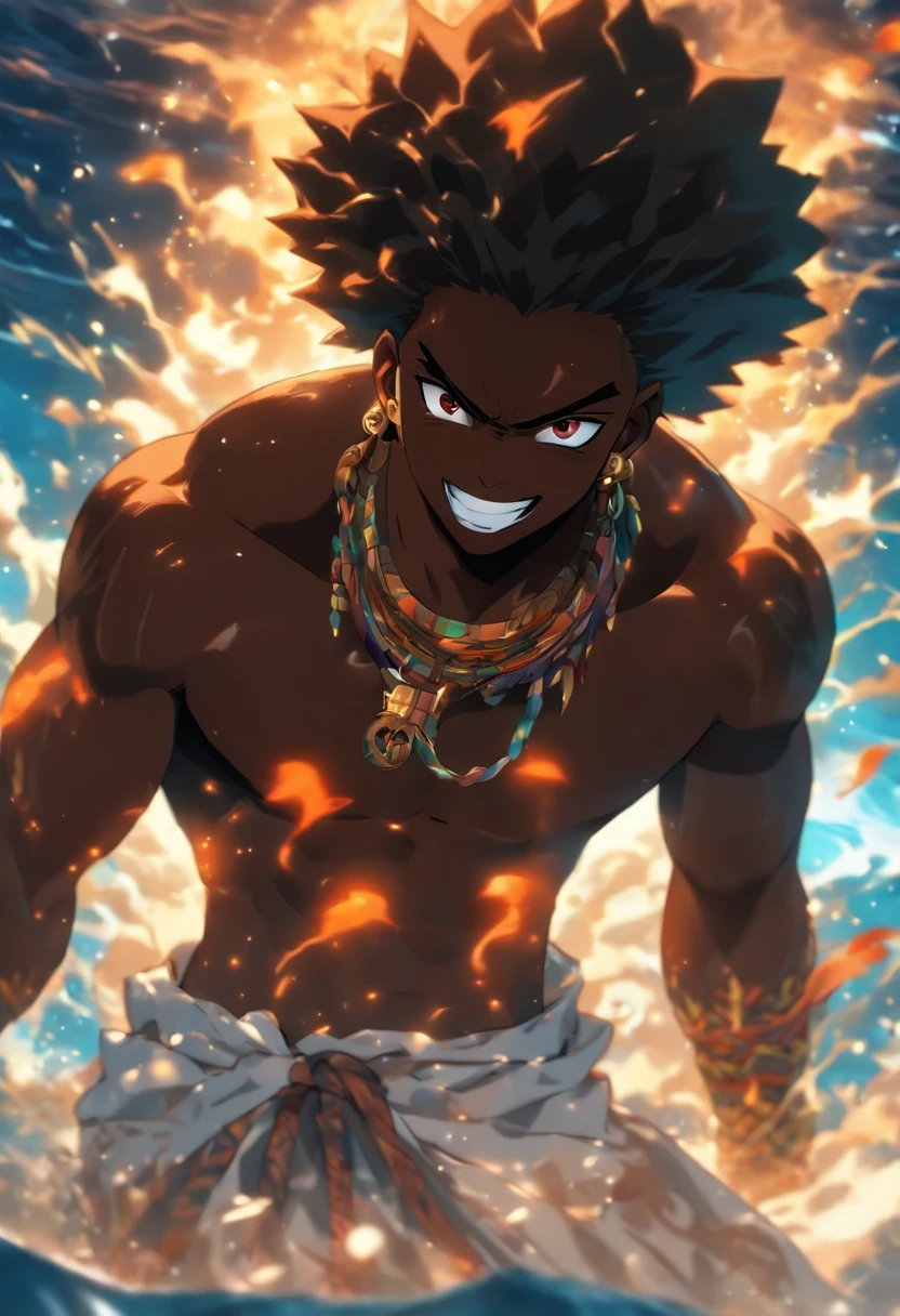 (((black man)) best quality, very high resolution, detailed CG in 4K, masterpiece, Agw, ocean, waters, white clothes, voodoo mythology, African clothes, aesthetics, beautiful image, centered on the screen, the whole body