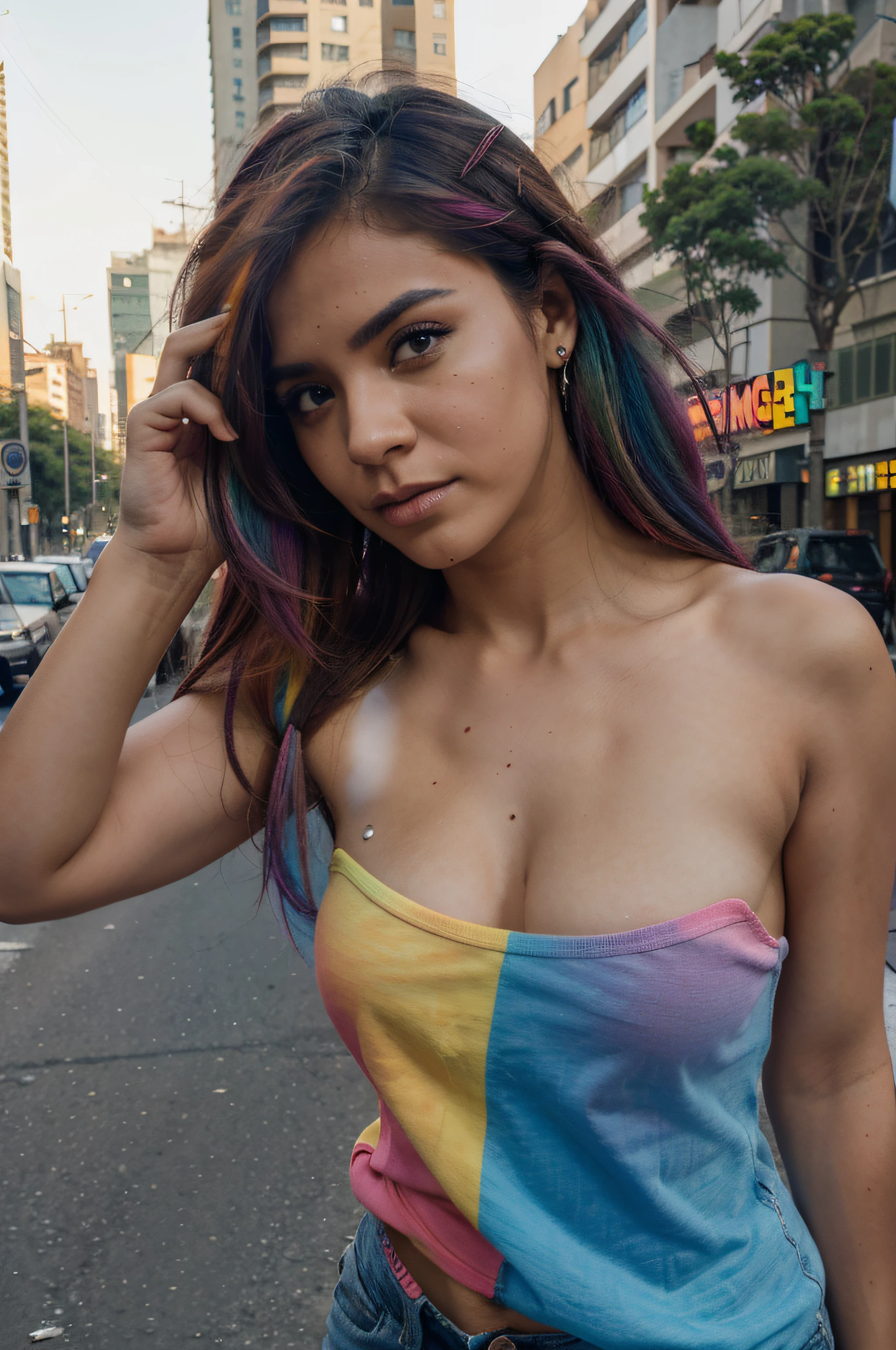 5 demonstrating on city avenue, Vandals, disturbios, cabello multicolor, Rainbow hair, ojos grandes, Linda modelo femenina, enojadas, gritando fuerte