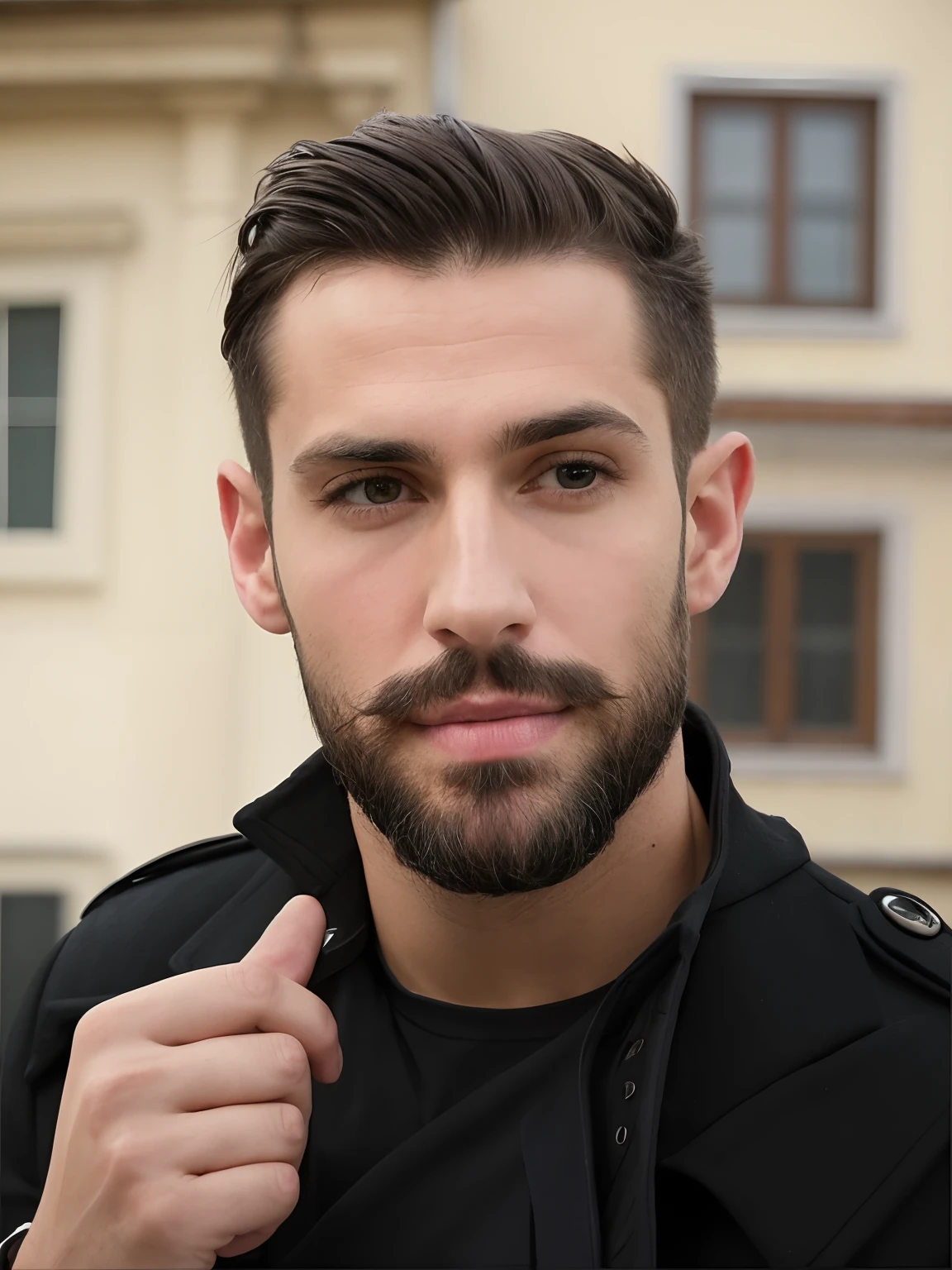 there is a man with a beard and a black jacket, short beard, thin beard, very attractive man with beard, with a small beard, sharp jawline with a light beard, short facial hair, short scruffy beard, beard stubble, attractive male, short dark blond beard, a handsome man,black short hair, handsome male, short brown beard