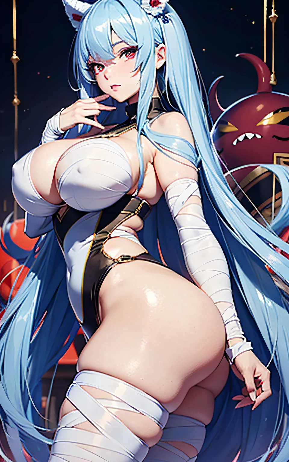 16K Ultra High Definition Top Quality
Mummy costume wrapped in white bandages, Beautiful woman with very long lashes, Blue Blaze, shinny skin, Lustrous hair, big eye, Beautiful red eyes, ultra gigantic tits, extremely big ass、Very blue々and body、Awesome Yokai Party Background