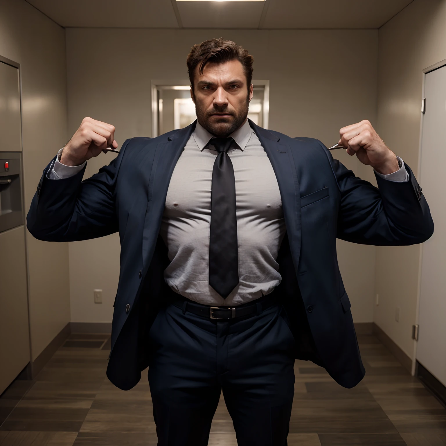Wolverine muscled hairy wear a suit with a tie and a jacket with huge torso , huge pecs , huge arms ,  full body