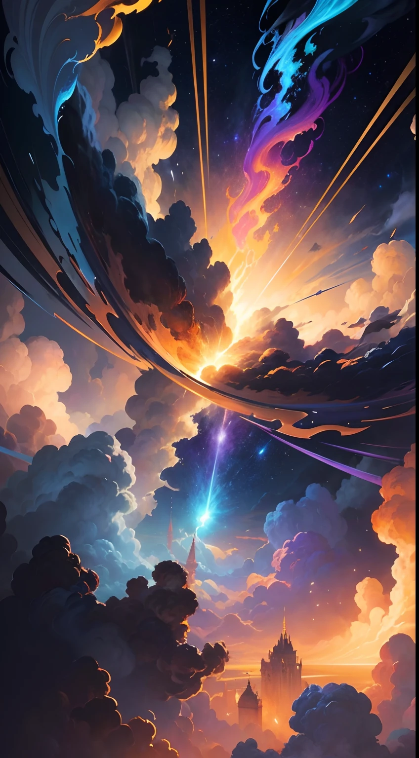 Illustration, painting style, sky splitting apart vertically, symmetric, golden sparks, Divine theme, vibrant colors, bright lighting majestic, super intricate, hyper detailed, beautiful, 8k uhd, 32k resolution, best quality, art by Jacob van Ruisdael