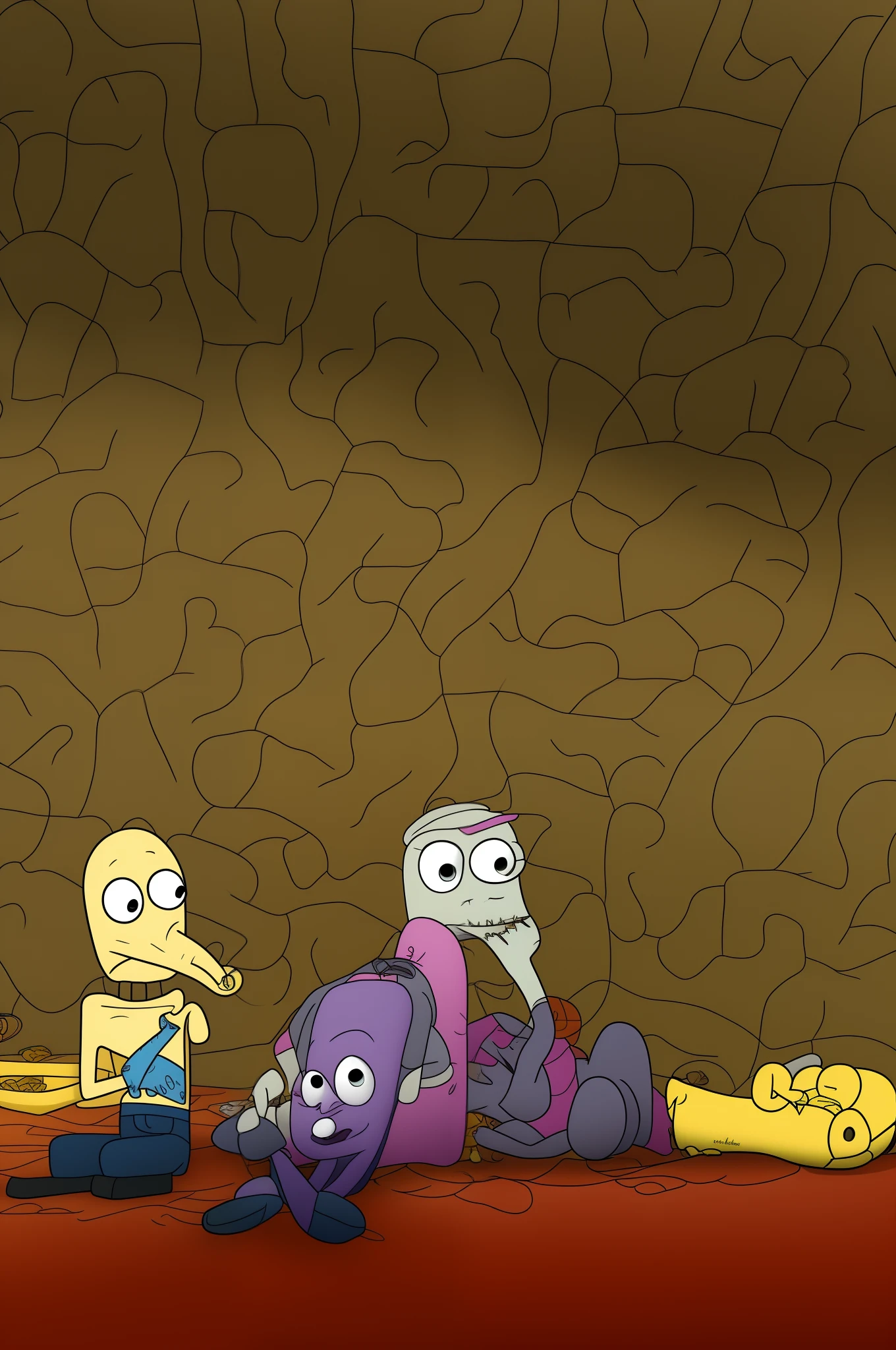 Squidward and spongebob smoking weed while sitting on the floor against the wall in freddy fazbears pizza