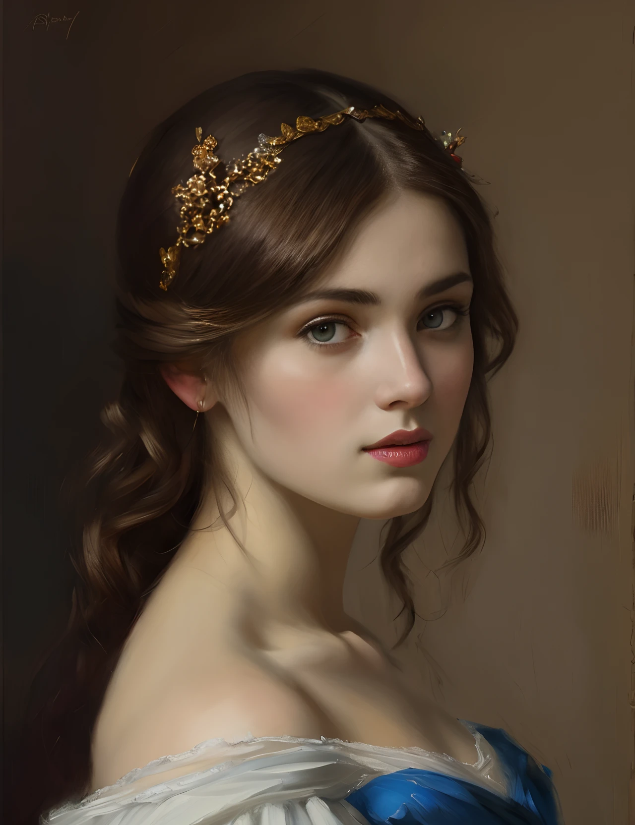 Masterpiece, detailed art, portrait, girl, middle ages, classicism, andrey atroshenko style, painting, traditional media, realistic, figurative, fine art, oil on canvas, HDR, 8K, original character, high resolution, high detail, focus on the face, intricate, flawless