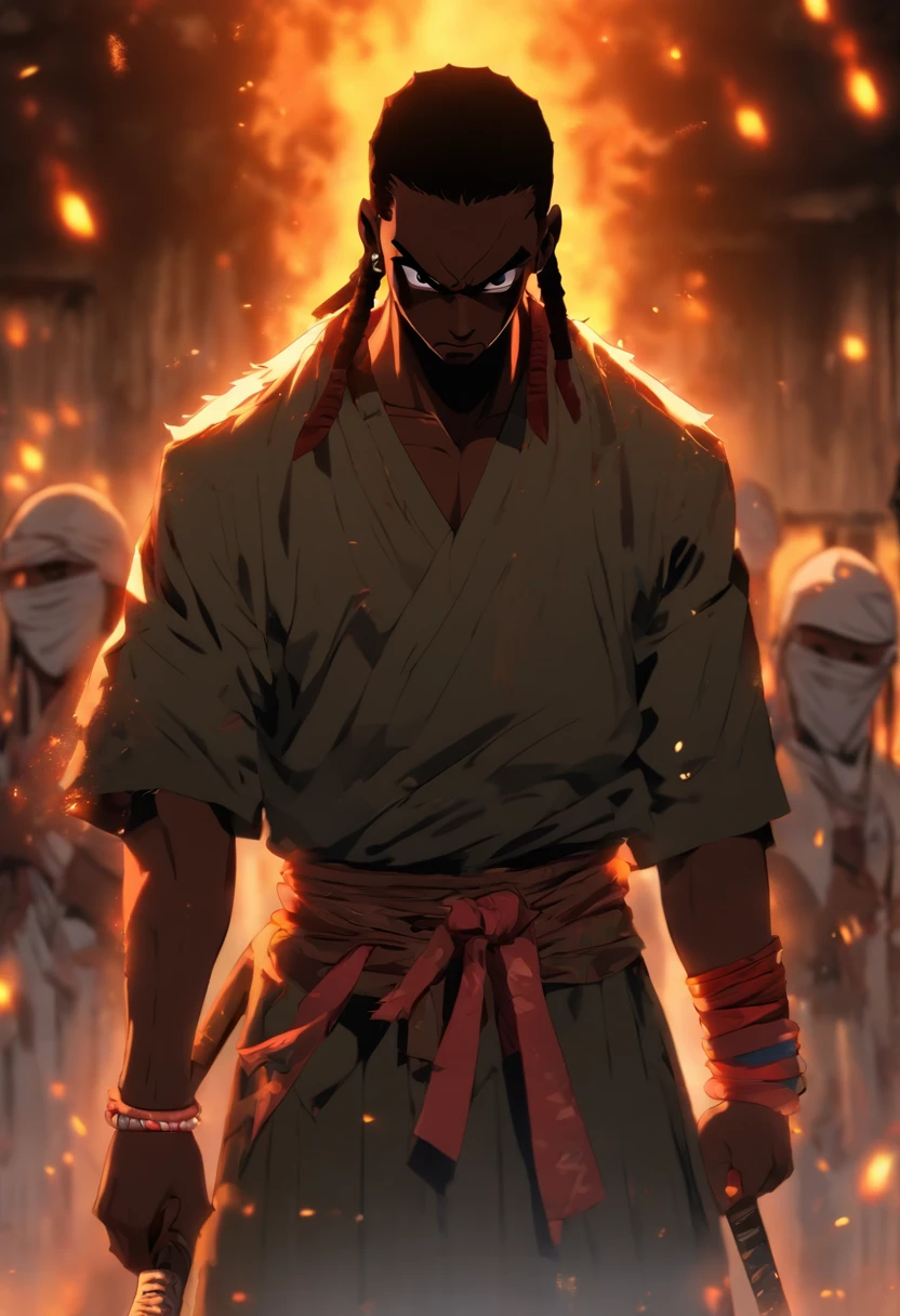 (((black man with machete)) best quality, very high resolution, detailed CG in 4K, masterpiece, Ogoun, war, blood, machete, white clothes, voodoo mythology, African clothes, aesthetics, beautiful image, centered on the screen, Whole body