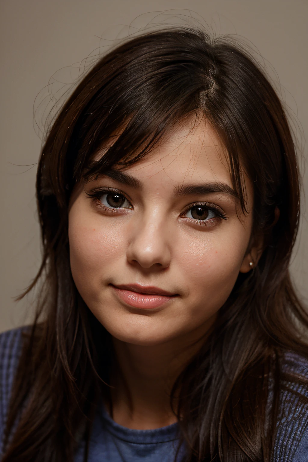 cute woman with small chin and dark color, high cheeks