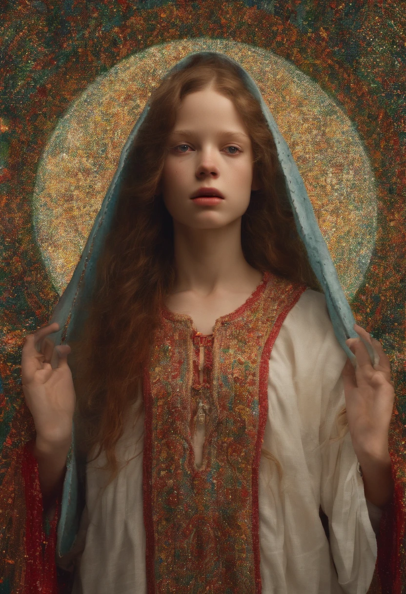 (symetry),Centered,A ((Close)) Upward portrait,( Jesus),A very skinny white baby hair is fine ,wears long red robe,35mm,Natural skin,clothes details, 8K textures, 8K, insanely details, Intricate details, Ultra-detailed and highly detailed,Realistic,Soft cinematic light,hdr,Sharp focus, ((((Cinematic look)))),Intricate, elegant, Highly detailed,Mia Goth,Dancing,filmposter