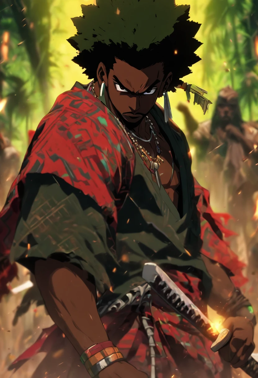 (((black man with machete)) best quality, very high resolution, detailed CG in 4K, masterpiece, Ogoun, war, blood, machete, green and red clothes, voodoo mythology, African clothes, aesthetics, beautiful image, centered on screen, the whole body