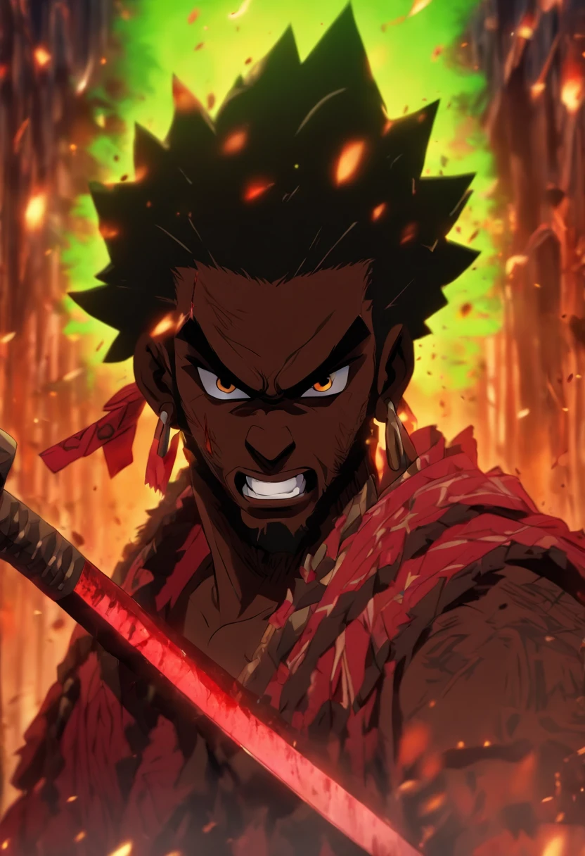 (((black man with machete)) best quality, very high resolution, detailed CG in 4K, masterpiece, Ogoun, war, blood, machete, green and red clothes, voodoo mythology, African clothes, aesthetics, beautiful image, centered on screen, the whole body