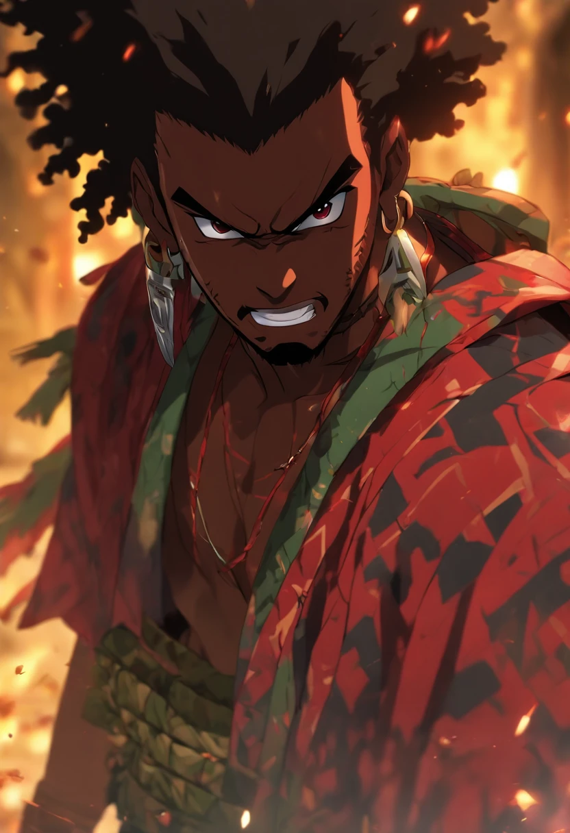 (((black man with machete)) best quality, very high resolution, detailed CG in 4K, masterpiece, Ogoun, war, blood, machete, green and red clothes, voodoo mythology, African clothes, aesthetics, beautiful image, centered on screen, the whole body