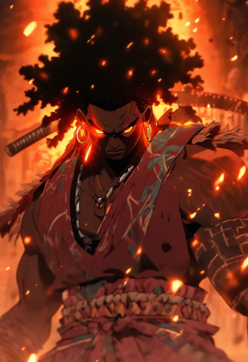 (((black man with machete)) best quality, very high resolution, detailed CG in 4K, masterpiece, Ogoun, war, blood, machete, voodoo mythology, African clothes, aesthetics, beautiful image, centered on the screen, the entire body