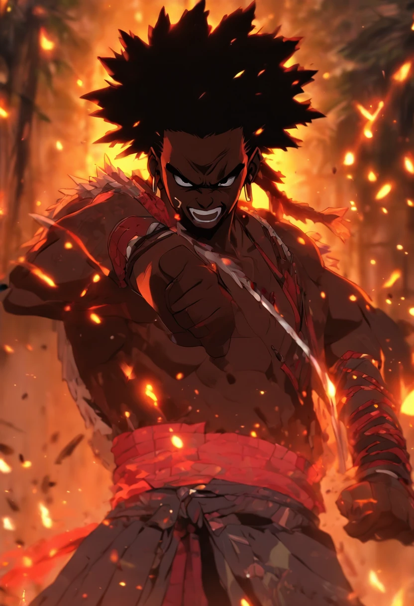 (((black man with machete)) best quality, very high resolution, detailed CG in 4K, masterpiece, Ogoun, war, blood, machete, voodoo mythology, African clothes, aesthetics, beautiful image, centered on the screen, the entire body
