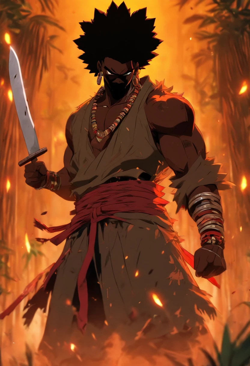 (((black man with machete)) best quality, very high resolution, detailed CG in 4K, masterpiece, Ogoun, war, blood, machete, voodoo mythology, African clothes, aesthetics, beautiful image, centered on the screen, the entire body