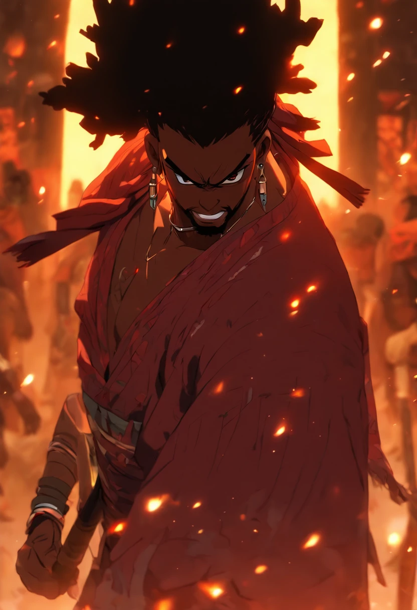 (((black man with machete)) best quality, very high resolution, detailed CG in 4K, masterpiece, Ogoun, war, blood, machete, voodoo mythology, African clothes, aesthetics, beautiful image, centered on the screen, the entire body