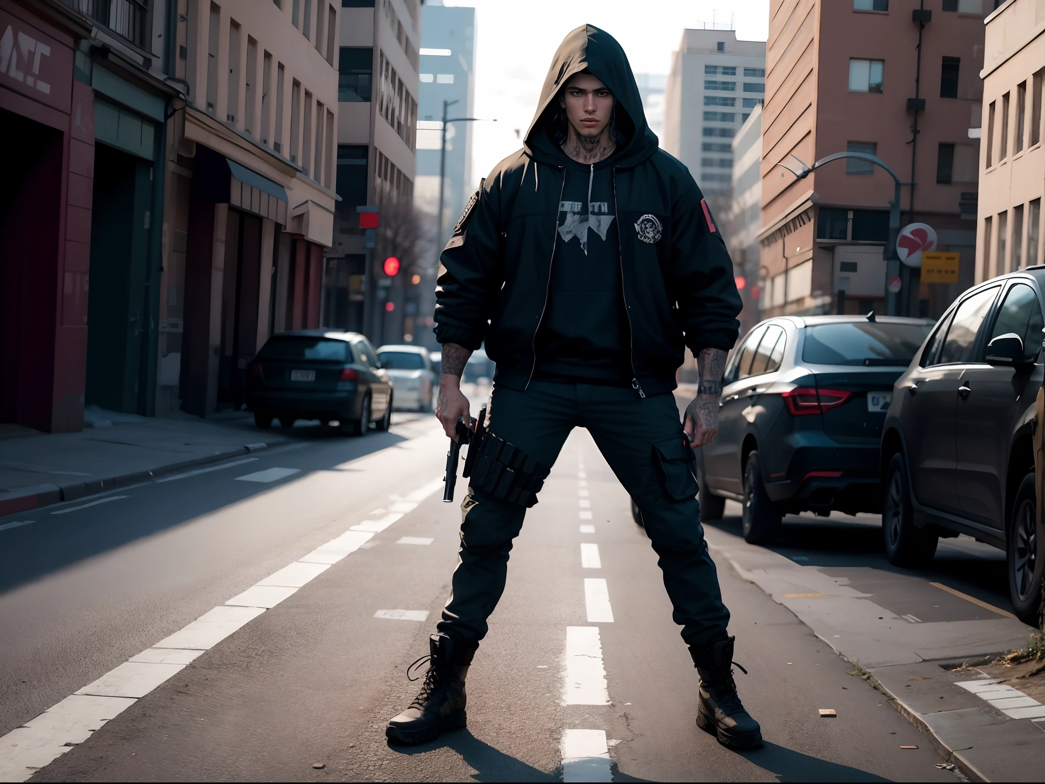 Apocalyptic setting, and background, roughed up male with hooded jacket, street wear cargo pants, combat boots, 6’4, lean, athletic, rifle, gun holster, knife holster, street wear, realistic, curly black hair, covered in tattoos