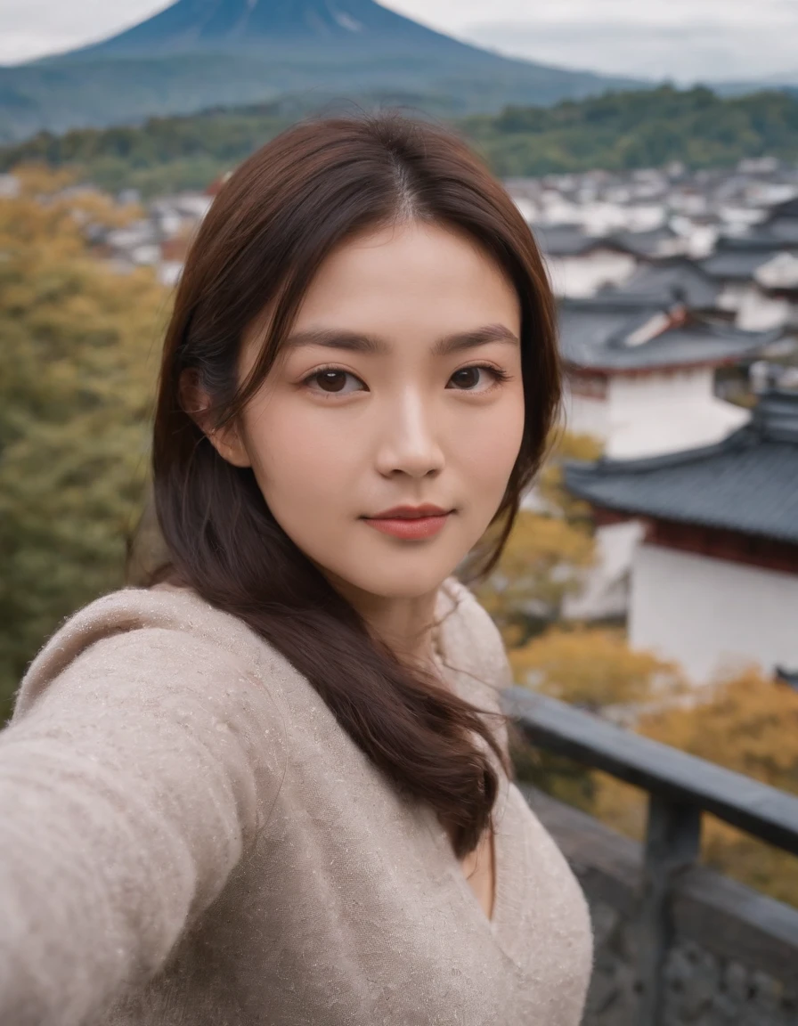 tokyo prefecture, 1 woman ((Upper body selfie, Happy)),Fujiyama,The background is Mt. Fuji，masutepiece, Best Quality, Ultra-detailed, Solo, Outdoors,shadowy, Contrasty,in Tokyo, crystal clear skies, analog style (look at viewr:1.2) (Skin Texture) (Film grain:1.3), (warm hue, warm tone:1.2), close up, Cinematic Light, side lights, 超A high resolution, Best Shadow, raw, Upper body, wearing pullover,mont. Fuji has an elegant shape，(Canon EOS 5D Mark IV Camera, Famous for capturing vibrant colors and rich textures:1.2)