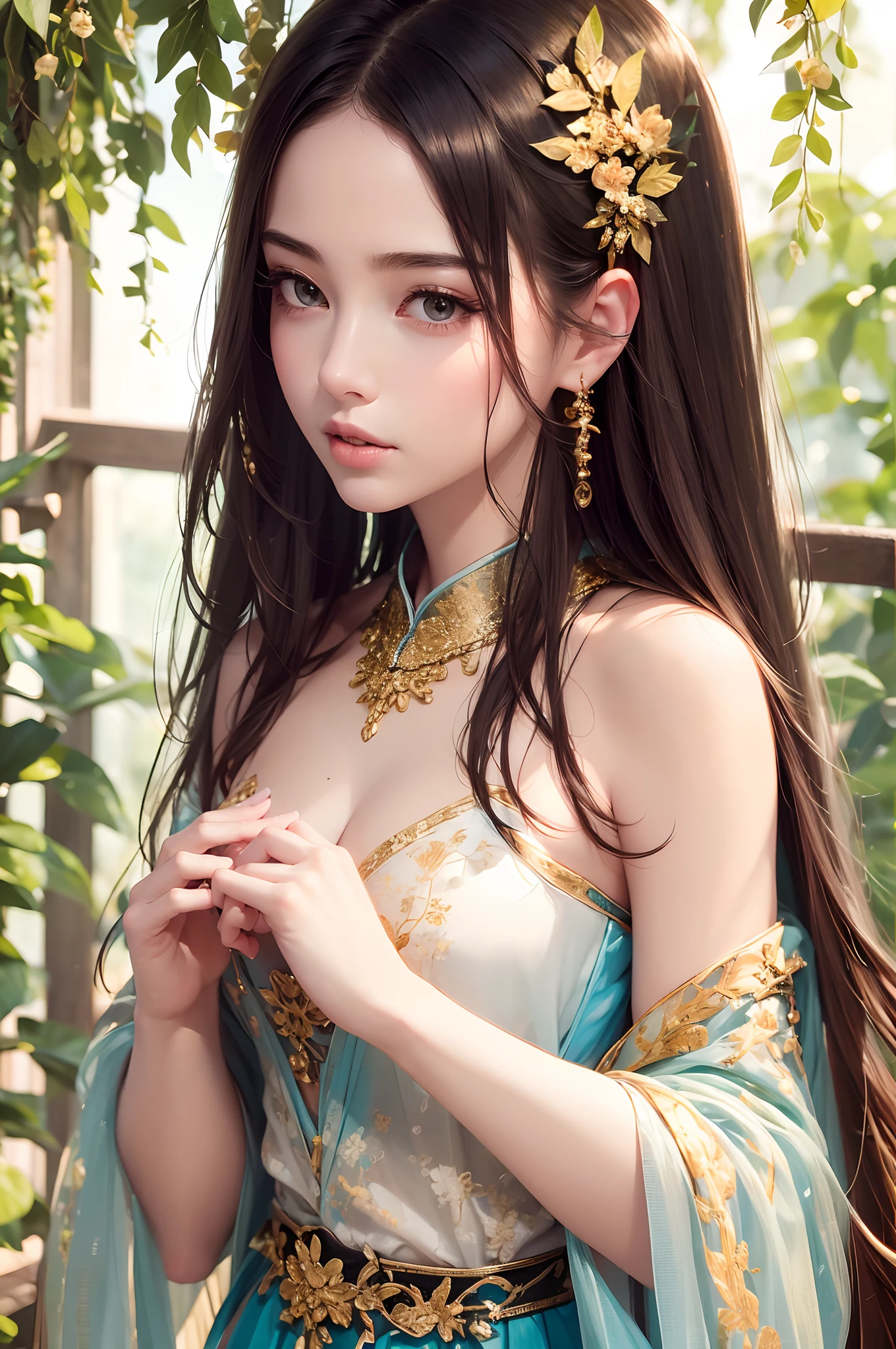 best quality,ultra-detailed,removing extra arm,photorealistic,painting,harmonious composition,beautiful face,graceful posture,elegant dress,delicate hands,lovely garden background,vibrant colors,natural lighting, Remove the extra hand