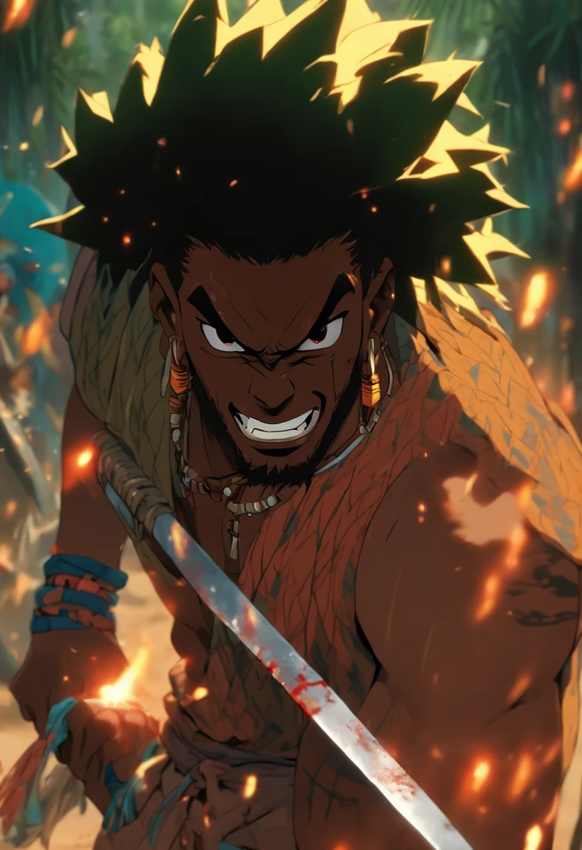 (((black man with machete)) best quality, very high resolution, detailed CG in 4K, masterpiece, Ogoun, war, blood, machete, voodoo mythology, African clothes, aesthetics, beautiful image, centered on the screen, the entire body