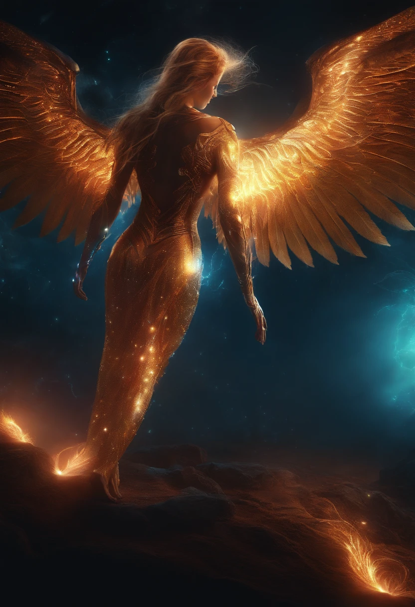 Fallen Angels of the Universe, glowing light eyes, biomechanical, eery, creepy, nightmarish, Very bright colors, light Particle, with light glowing, Musif, Wallpaper Art, UHD Wallpapers