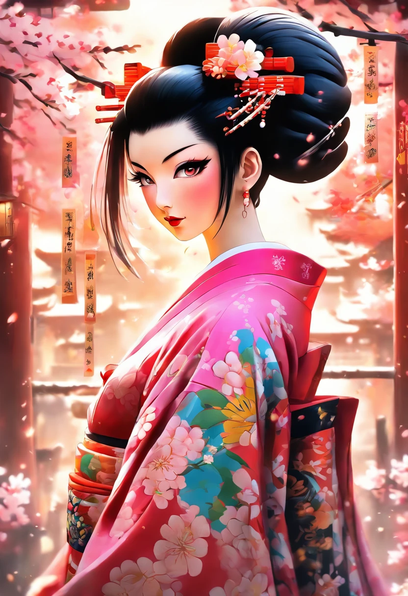 The most beautiful and sexy geisha, black colored hair, pink eyes, wearing the most beautiful and highly detailed kimono, tons of tattoos and piercings, cherry blossoms blowing in the wind, kanji and graffiti style elements in the background, highly detailed background, perfect masterpiece, Japanese festival, high quality, high resolution