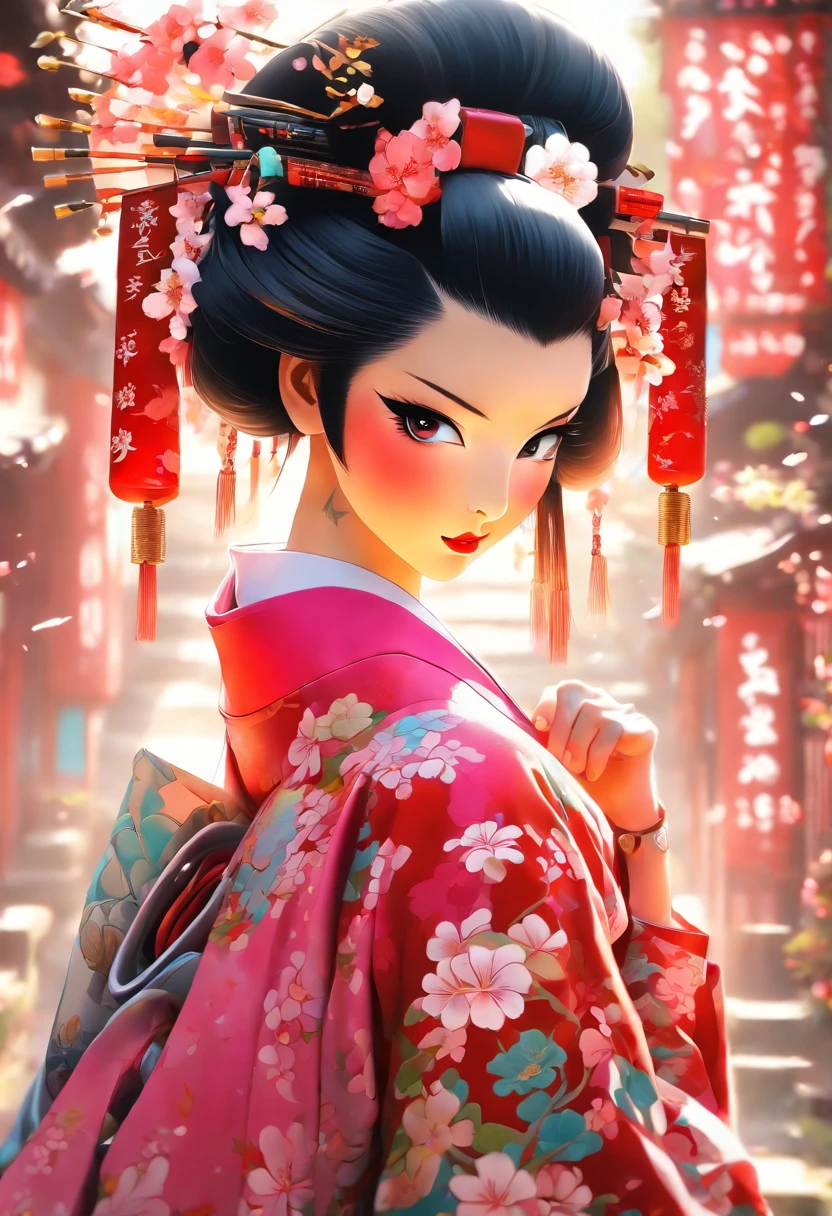 The most beautiful and sexy geisha, black colored hair, pink eyes, wearing the most beautiful and highly detailed kimono, tons of tattoos and piercings, cherry blossoms blowing in the wind, kanji and graffiti style elements in the background, highly detailed background, perfect masterpiece, Japanese festival, high quality, high resolution