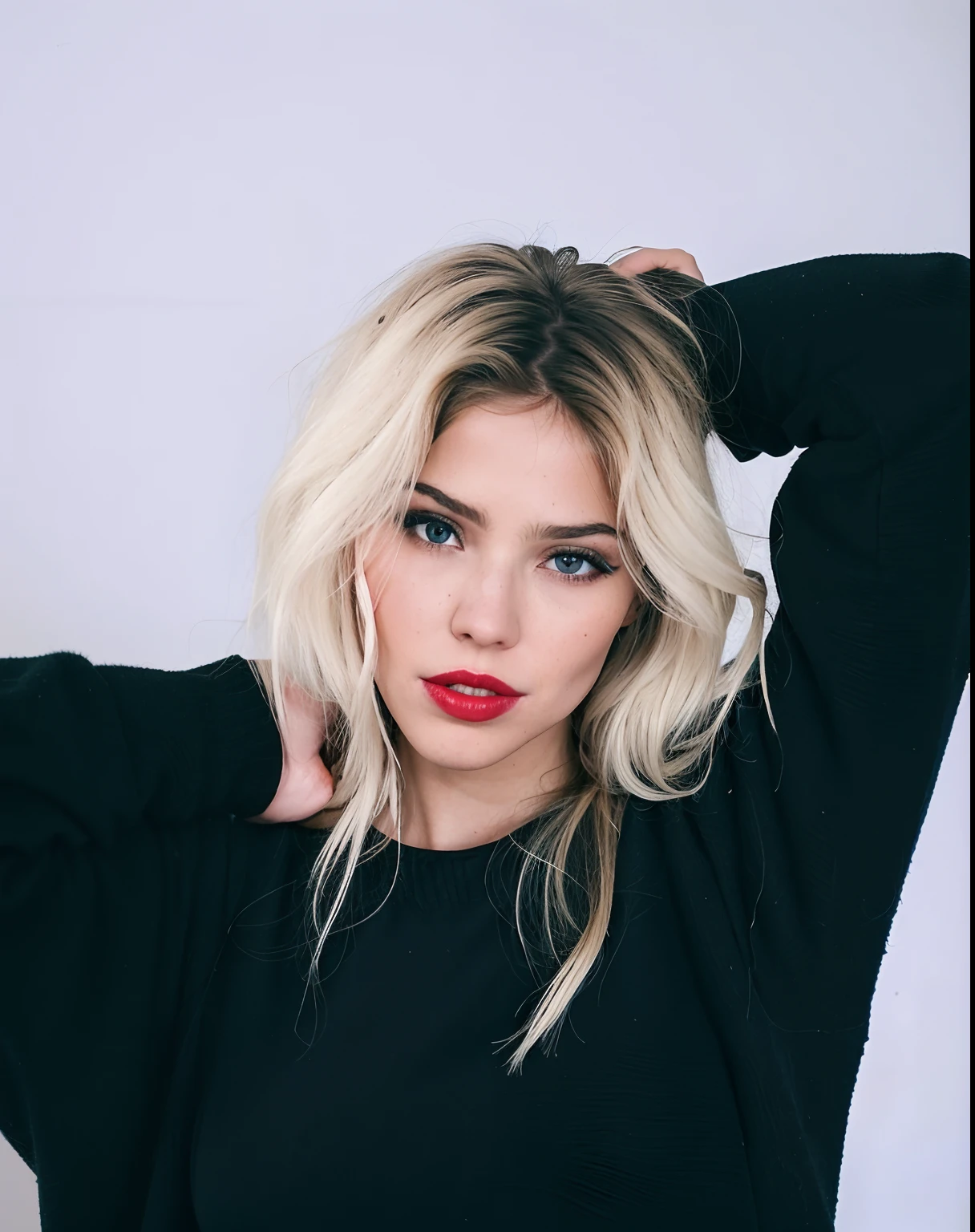 um close up de uma mulher com cabelos loiros e olhos azuis, inspired by Louisa Matthíasdóttir, cabelos loiros e olhos grandes, red lips, sexy red lips, cabelos loiros e olhos azuis, Red lipstick, Yelena Belova, longos cabelos loiros e olhos grandes, Directed by: Emma Andijewska, longos cabelos loiros e olhos azuis