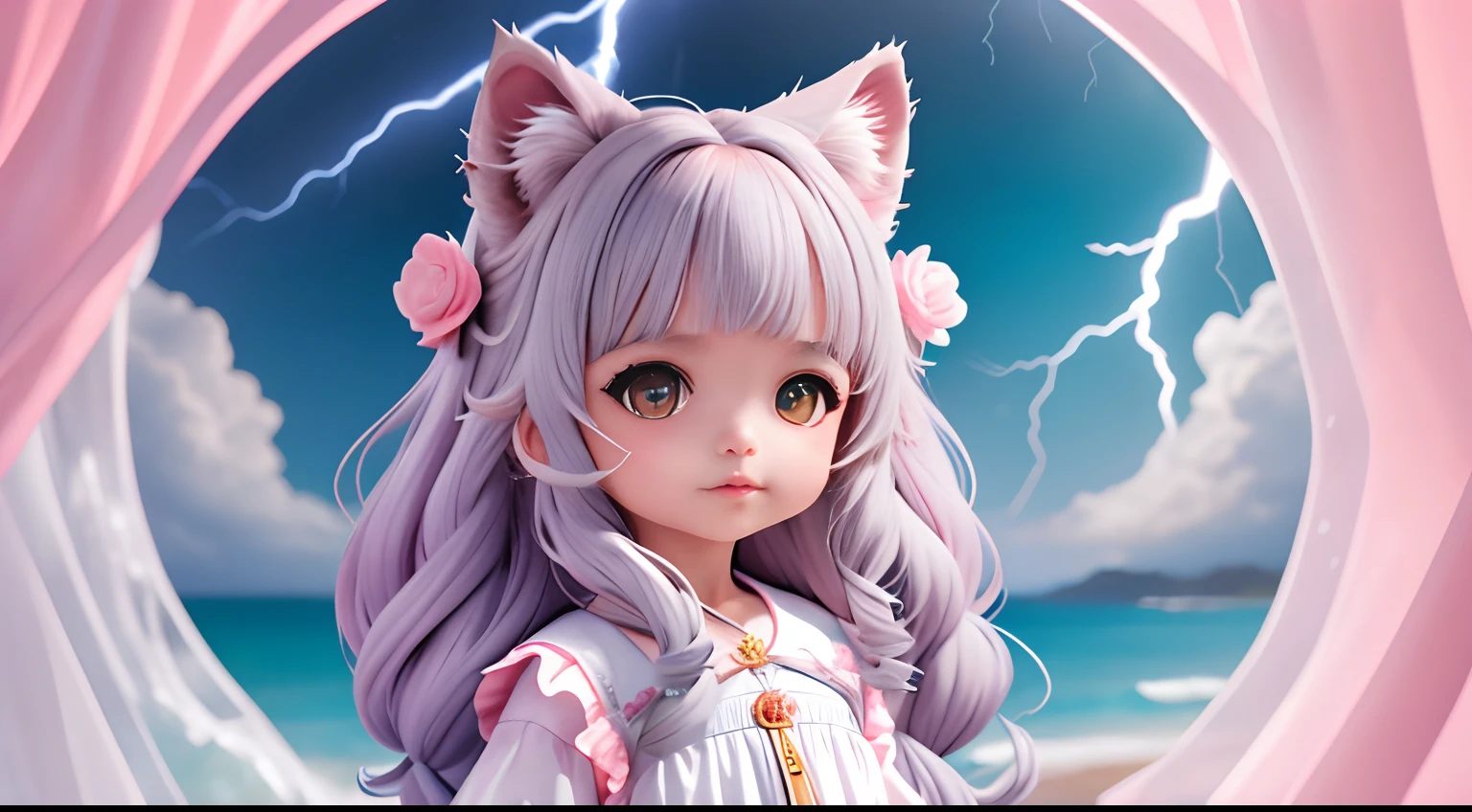 Elfa felina,Pequena , longos cabelos brancos, Meniita, com olhos rosa, Boca pequena de cereja, animado e bonito, Molina in the arms, litoral, Lightning storm in the sky