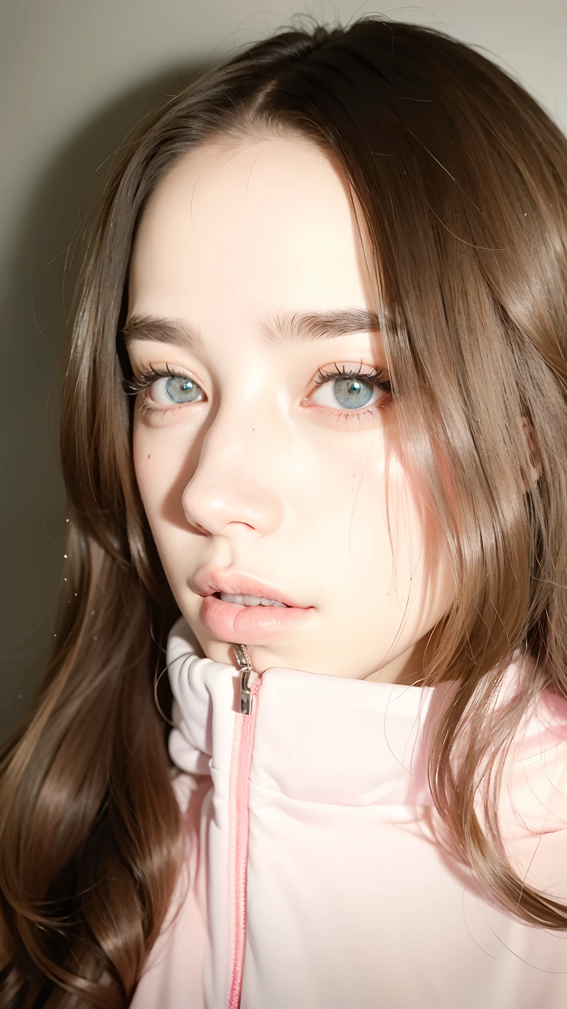 Hay una mujer con una chaqueta rosa y un anillo de plata, Drilling bracket, penetrantes ojos brillantes, Billie Eilish, dilraba dilmurat, con cabello largo y ojos penetrantes, Grandes ojos penetrantes, collar de piercings, Retrato de Billie Eilish, Al estilo de Petra Collins, Kailee Mandel, ojos marrones brillantes y penetrantes, overlord billie eilish