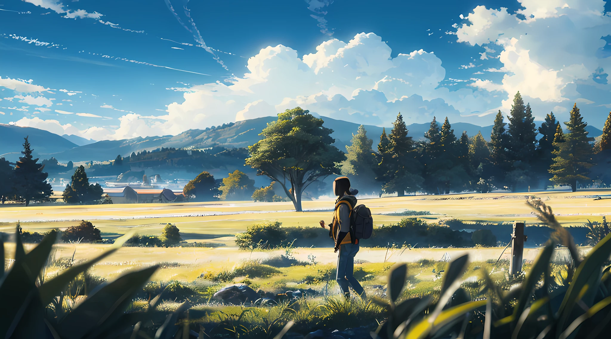 The vast sky, beautiful skyline, large grasslands, extremely tense and dramatic pictures, moving visual effects, the high-hanging Polaris, depth of field, and colorful natural light. rugged jacket, jeans, and a girl with a backpack in centre of frame.