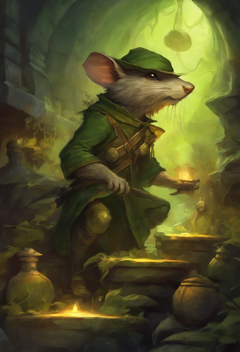 League of Legends Twitch in its characteristic environment of the toxic haze of Zaun's sewers. Twitch should be depicted sneaking into the darkness, His mischievous look hidden behind his mask, and his poisoned crossbow ready to fire. The atmosphere should be dark and mysterious, with dark, damp sewers, and toxic waste seeping from the walls.
Mutant rats should be scattered throughout the scene, adding to the atmosphere of the toxic haze. Twitch should emanate a greenish glow coming from his fur, accentuant son aspect malfaisant.
Make sure every detail, from the details of the crossbow to the reflections in Twitch's eyes, be rendered with great accuracy to capture the essence of this demonic rat living in the sewers of Zaun. Style Brian Froud, Brian Froud Juan Gimenez, inspired by Brian Froud, Style de Jean Baptiste Monge, monge jean-baptiste monge, jean - baptiste monge, jean baptiste monge, inspired by Brian and Wendy Froud, par Brian et Wendy Froud