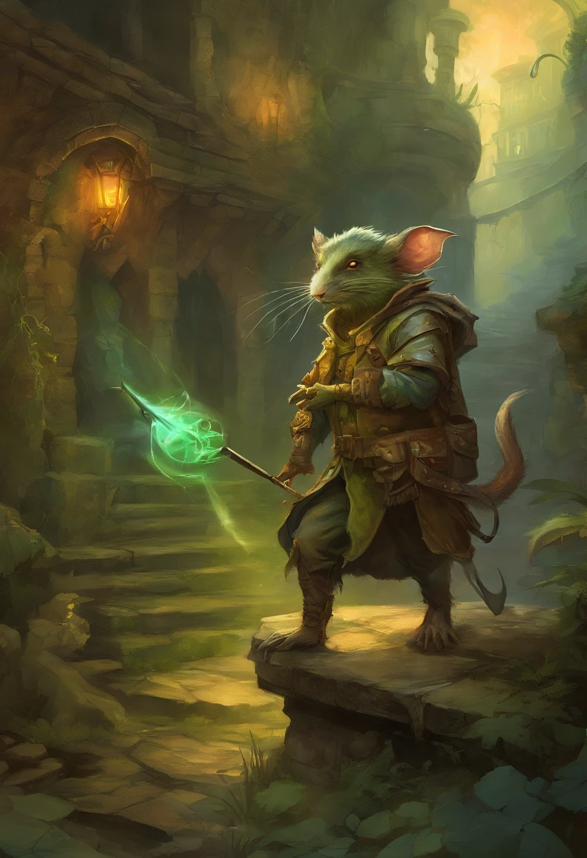 League of Legends Twitch in its characteristic environment of the toxic haze of Zaun's sewers. Twitch should be depicted sneaking into the darkness, His mischievous look hidden behind his mask, and his poisoned crossbow ready to fire. The atmosphere should be dark and mysterious, with dark, damp sewers, and toxic waste seeping from the walls.

Mutant rats should be scattered throughout the scene, adding to the atmosphere of the toxic haze. Twitch should emanate a greenish glow coming from his fur, accentuant son aspect malfaisant.

Make sure every detail, from the details of the crossbow to the reflections in Twitch's eyes, be rendered with great accuracy to capture the essence of this demonic rat living in the sewers of Zaun. Style Brian Froud, Brian Froud Juan Gimenez, inspired by Brian Froud, Style de Jean Baptiste Monge, monge jean-baptiste monge, jean - baptiste monge, jean baptiste monge, inspired by Brian and Wendy Froud, par Brian et Wendy Froud