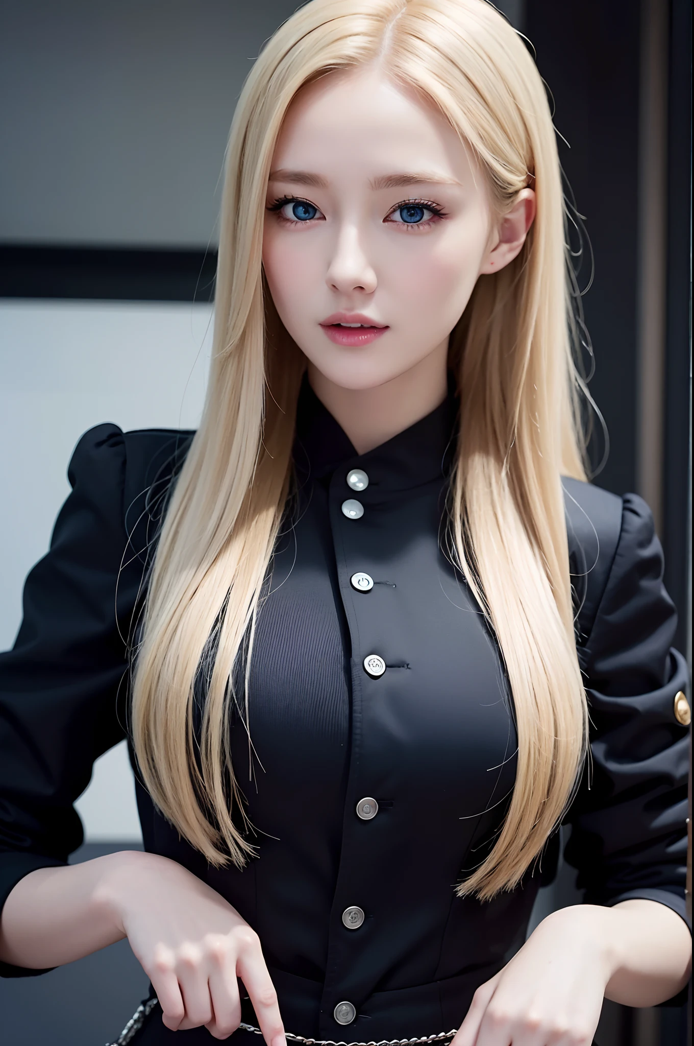 blonde girl with blue eyes and long hair,black pants,black jacket,happy facial expression,highly detailed and beautiful, Highly detailed face,big chest, Cute beautiful woman with perfect body,Highly detailed and focused on face,High Definition Breast,(1 girl)