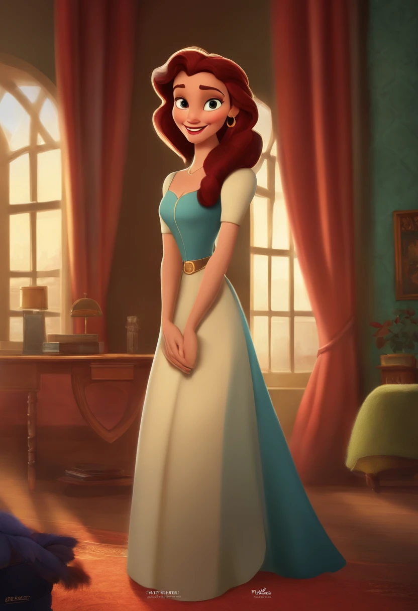 Movie poster of a Disney animation, com uma mulher de cabelo curto e vermelho, sentada na frente de um computador, com um sorriso do mal, dentro do seu quarto, em uma noitre chuvosa, The name of the film is "Raluca"